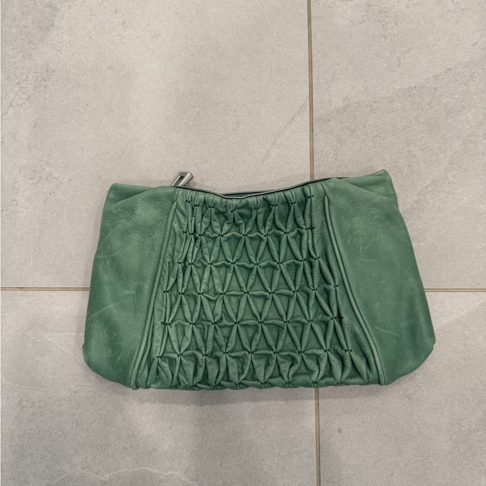 Green Textured Leather Clutch
